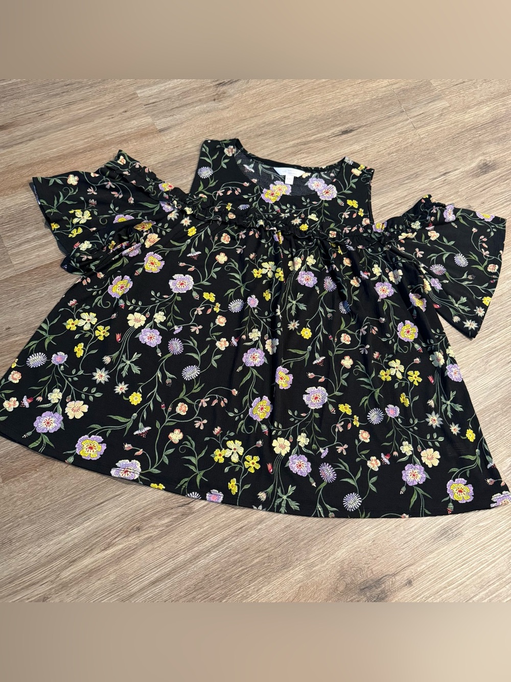 LC Lauren Conrad Black Floral Cold-Shoulder Top with Lavender & Yellow Blooms